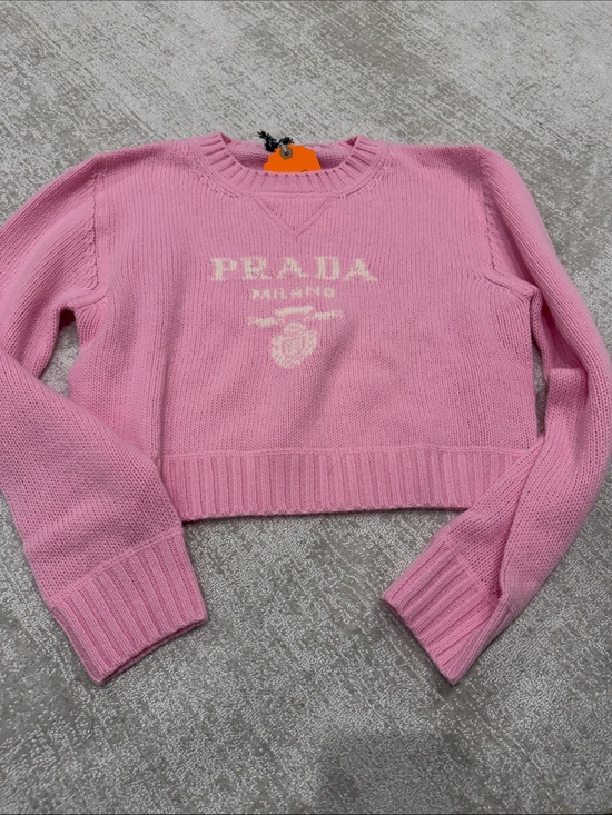 Prada Sweaters - Prada Pink Milano Logo Cropped Crew Sweater